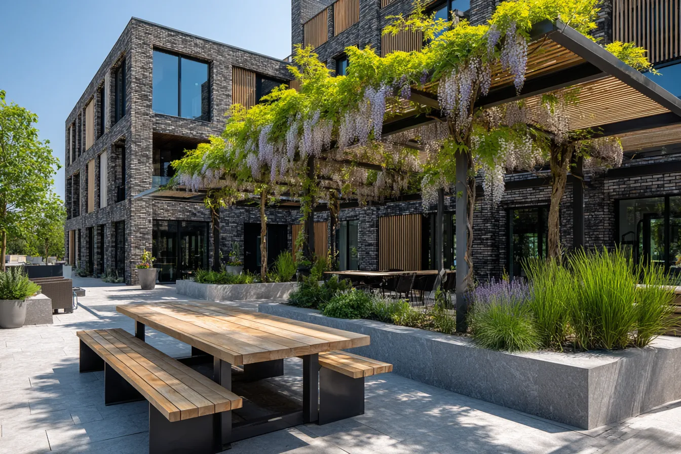 Kantoortuin met bloeiende blauweregen over een pergola, granieten plantenbakken en houten picknicktafels op het terras