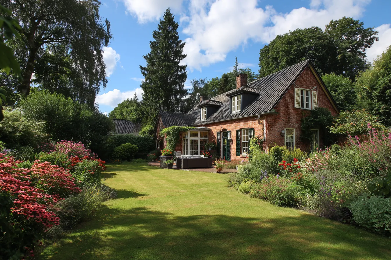Verzorgde gezinstuin met strak gemaaid gazon, bloeiende borders en een terras aan de woning