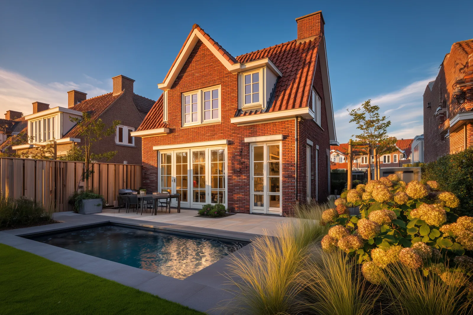 Achtertuin bij een nieuwbouwwoning met zwembad, terras en bloeiende hortensia's in het late middaglicht